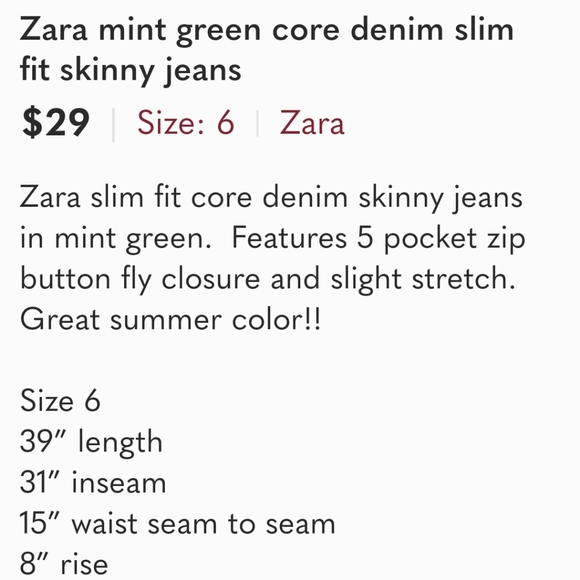 Zara mint green core denim slim fit skinny jeans Size 6 - Picture 10 of 10